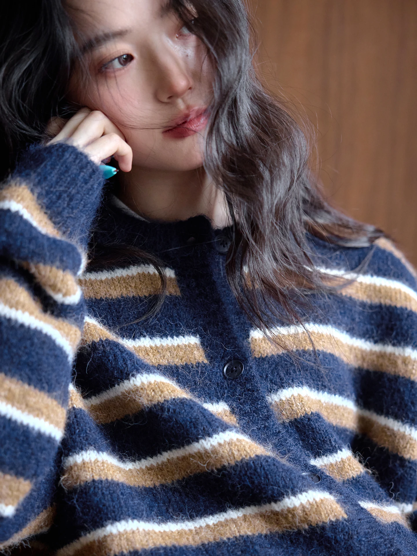 

Женский свободный кардиган из смесовой шерсти в полоску, мягкий, теплый, с длинными рукавами, круглым вырезом, для весны, осени и зимы