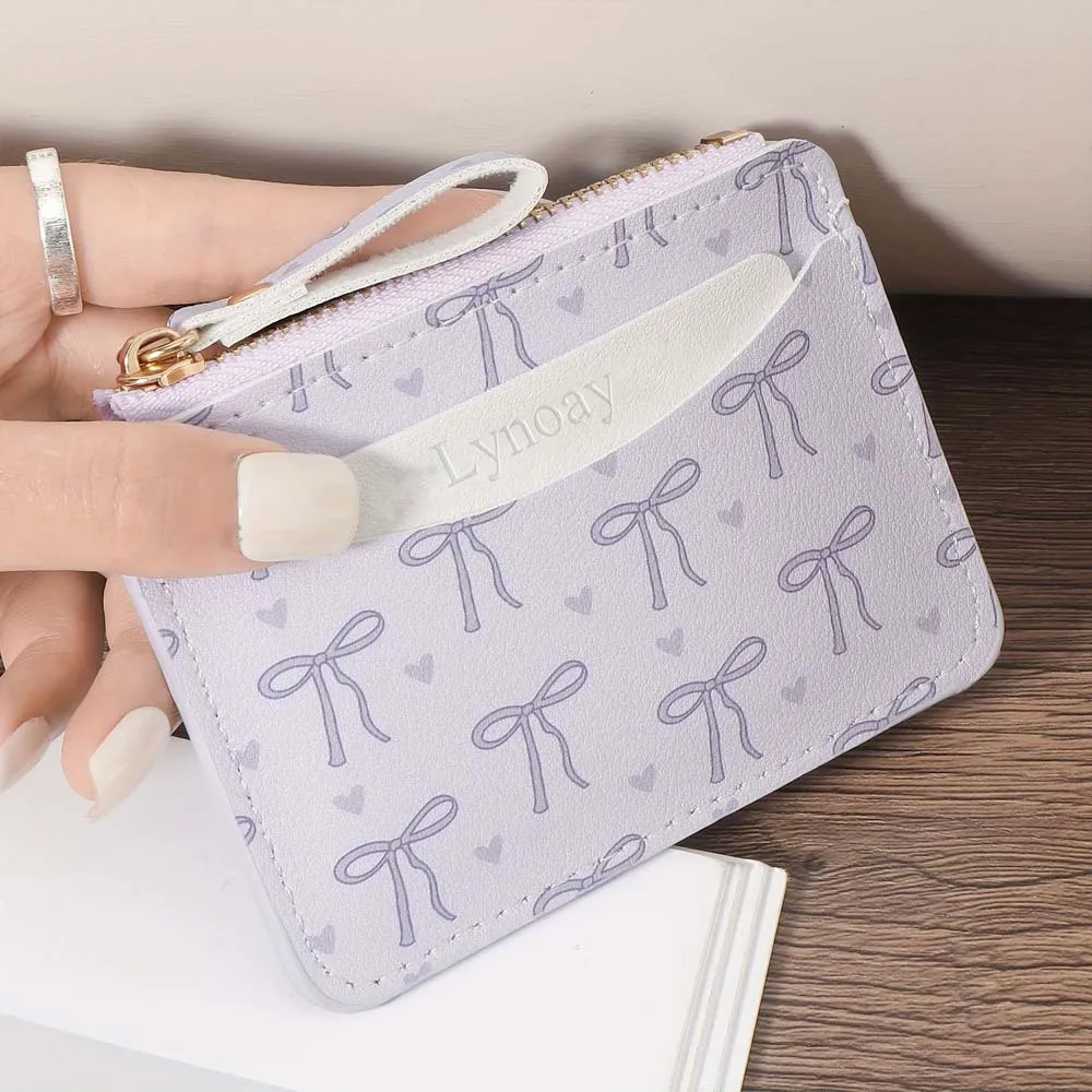 Pink Bow Wallet for Women, Simple PU Card Bag, Ultra-thin Zipper Coin Purse, Small Credit Card Holder Travel Wallet