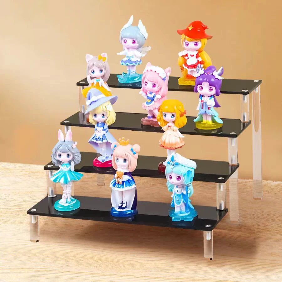 Black Acrylic Display Rack with Clear Acrylic Pillar for Perfume, Cupcake, Clay Doll, Figure Display and Storage,1-5 Tier