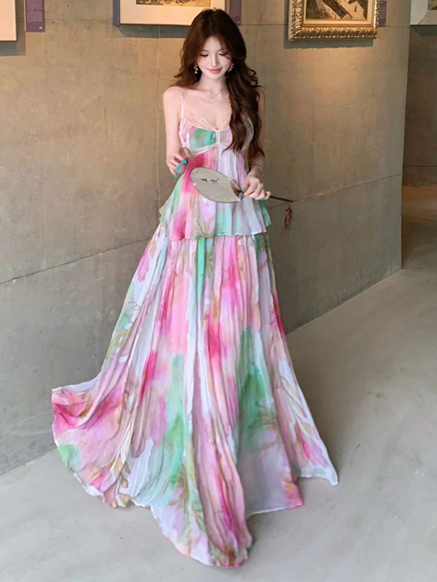 Beach Vacation Style Retro Sexy Low Cut Deep V Neck Floral Mesh Strap Vest Half Skirt Two Piece Set Women's Fashion Ensemble