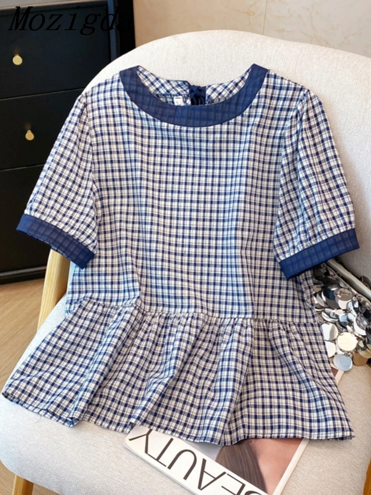 

Summer French Slim Waist Shirts O-neck Puff Sleeve Plaid Blouses All Match Design Women's Clothing Ladies Tops