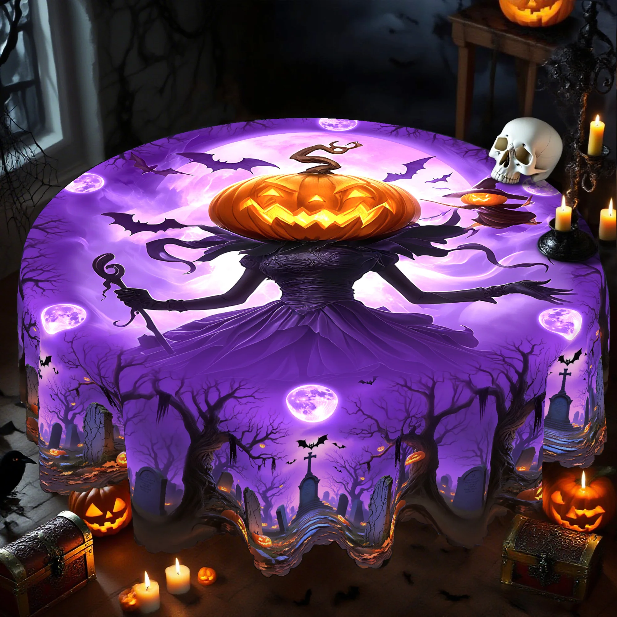 1 piece of eerie pumpkin witch tablecloth, perfect for Halloween decoration, rectangular/round tableclothzyc