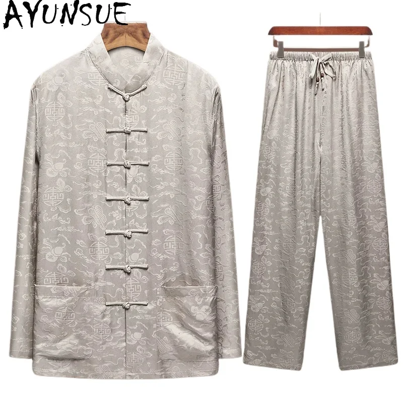 AYUNSUE 100% Real Mulberry Silk Shirts for Men Casual Elastic Waist Pants Man Long Sleeve Shirt 2 Piece Set Outfits Tai Chi Suit