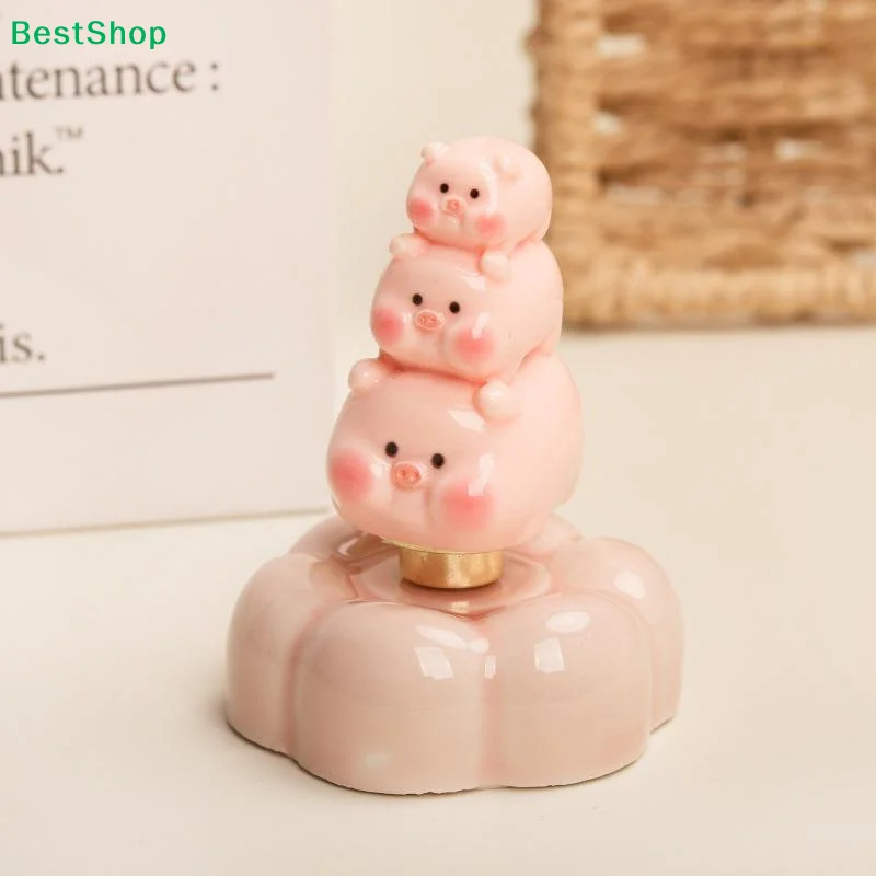 〔Q〕Creative Resin Pink Pig Figurine Stackable Pig Rotating Pig With Bearing Flower Base Desktop Ornament