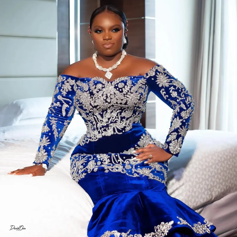 Aso Ebi-vestidos para ocasiones formales, apliques de encaje, terciopelo escalonado, Vestidos de Noche de sirena para mujer africana, manga larga, vestido de fiesta de boda