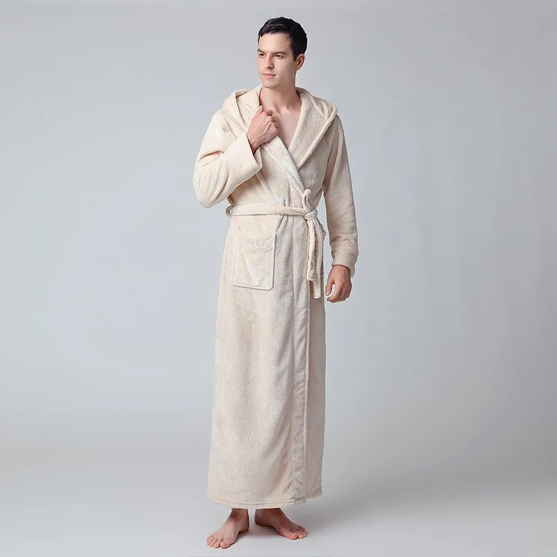 Winter Bathrobe Long Sleeve Warm Flannel Kimono Robes Women Shower Robe Hooded Nightwear Couple Coral Fleece Dressing Gown