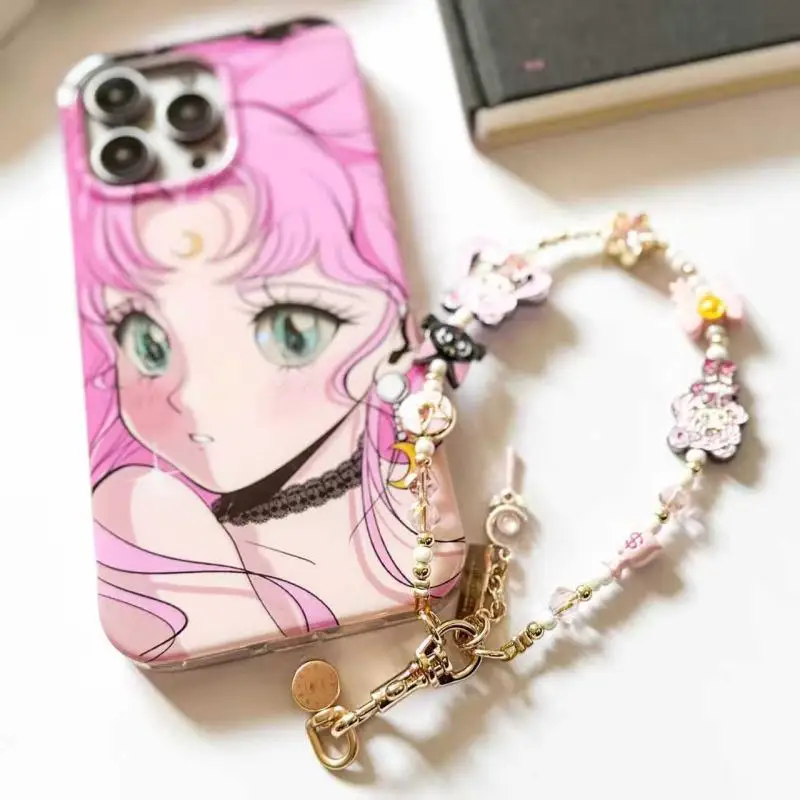 Japanese Sailor Moon Anime Merchandise Cute Cartoon Usagi Tsukino Lanyard Metal Beading Phone Strap Portable Universal Style