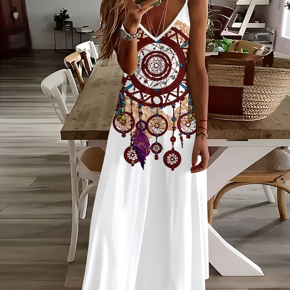 Women's Long Dress Fashion Ethnic Accessories Printed Elegant Women's V-neck Sleeveless Suspender Casual Women's Long Dress