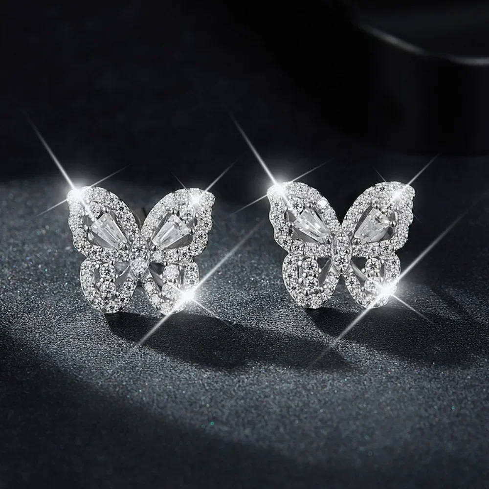 

LinkerLove S925 Silver Moissanite Butterfly Fine Jewelry Set for Women Pave Setting Diamond Stud Earrings Necklace Wedding Gift