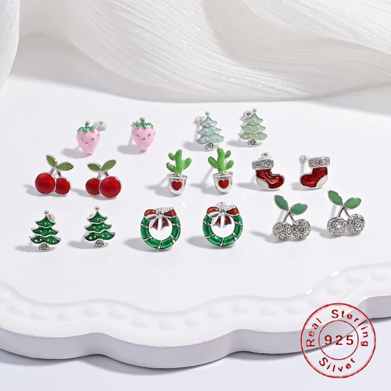 

S925 Sterling Silver Christmas Tree Cherry Strawberry Stud Earrings for Exquisite Christmas Accessories SE46