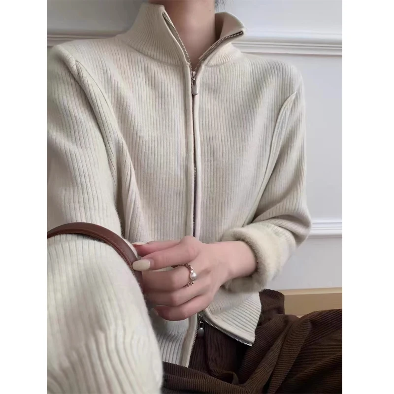 

Стильный зимний свитер-кардиган свободного кроя с воротником-стойкой, мягкий, уютный, с двойной молнией, простой, стройнящий, элегантный