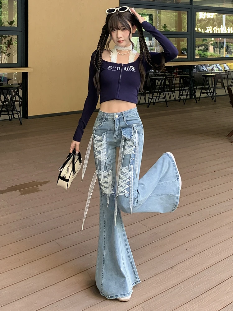Fashion Hottie Bootcut Jeans Women Lace Bandage Streetwear Slim Fit Denim Pants Spring Summer Casual Y2K Harajuku Blue Trouser