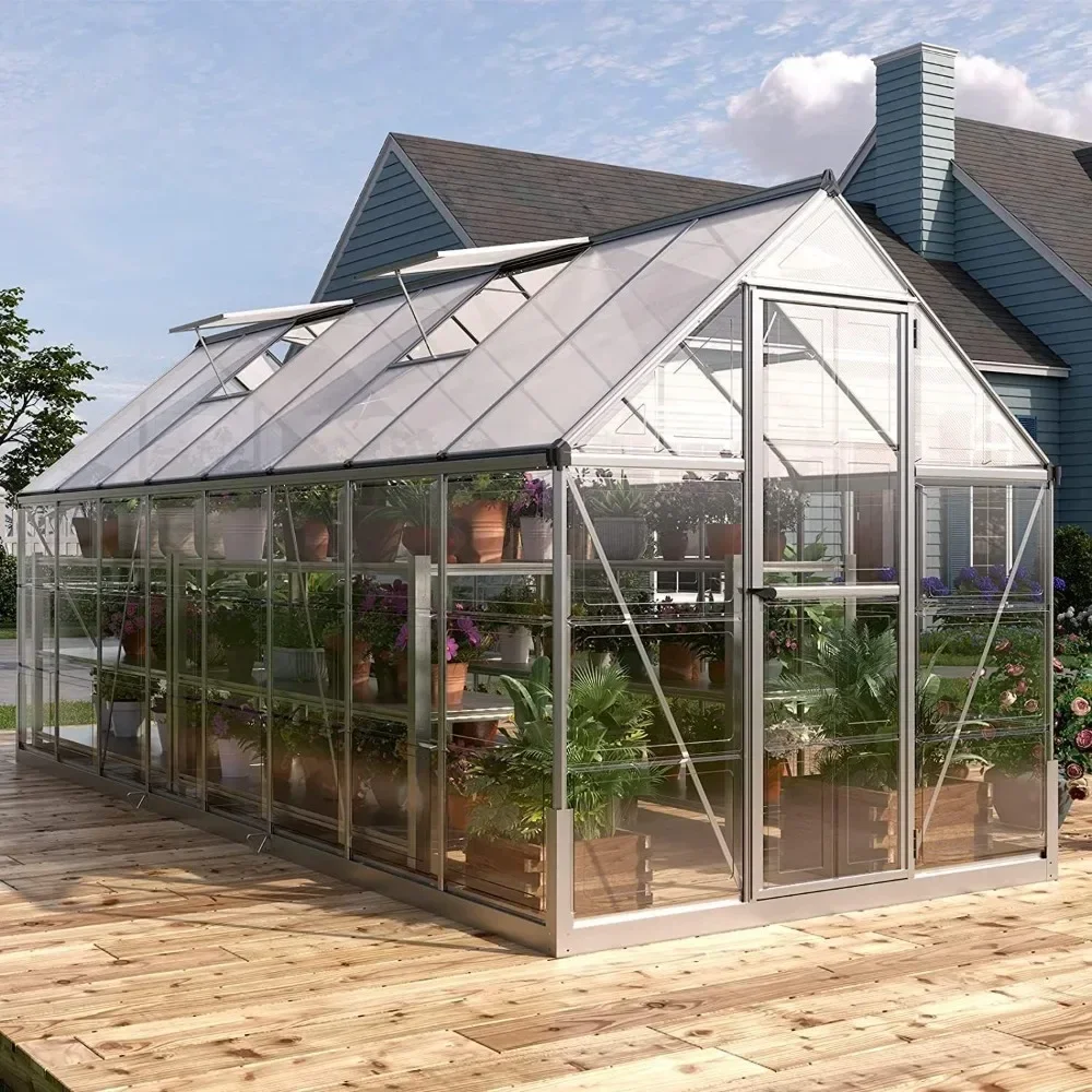 Hybrid Polycarbonate Greenhouse with Hinged Door and Vent Windows, Lockable Aluminum Walk-in Greenhouse Sunroom