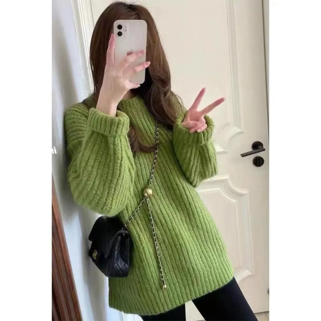 

Женский осенне-зимний свитер с высоким воротом в ленивом стиле, рождественский зеленый топ с взрывом, модный и красивый