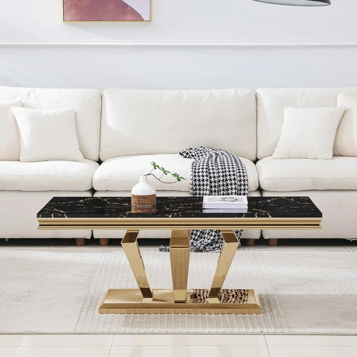 Table Basse en Faux Marbre Mdf, Table d'Appoint Moderne/Table de Cocktail/Tables de Canapé en Acier Inoxydable, 47 Pouces