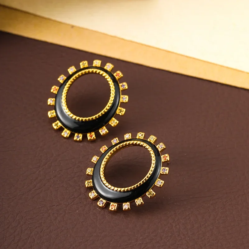 

Vintage geometric zirconium enamel glaze design stud earrings