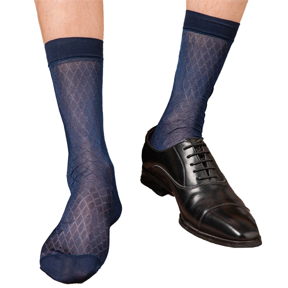 Men's Plaid Ultra Thin See-Through Socks Sexy Mesh Sheer Stockings Male Business Formal Dress Breathable Tube Socks