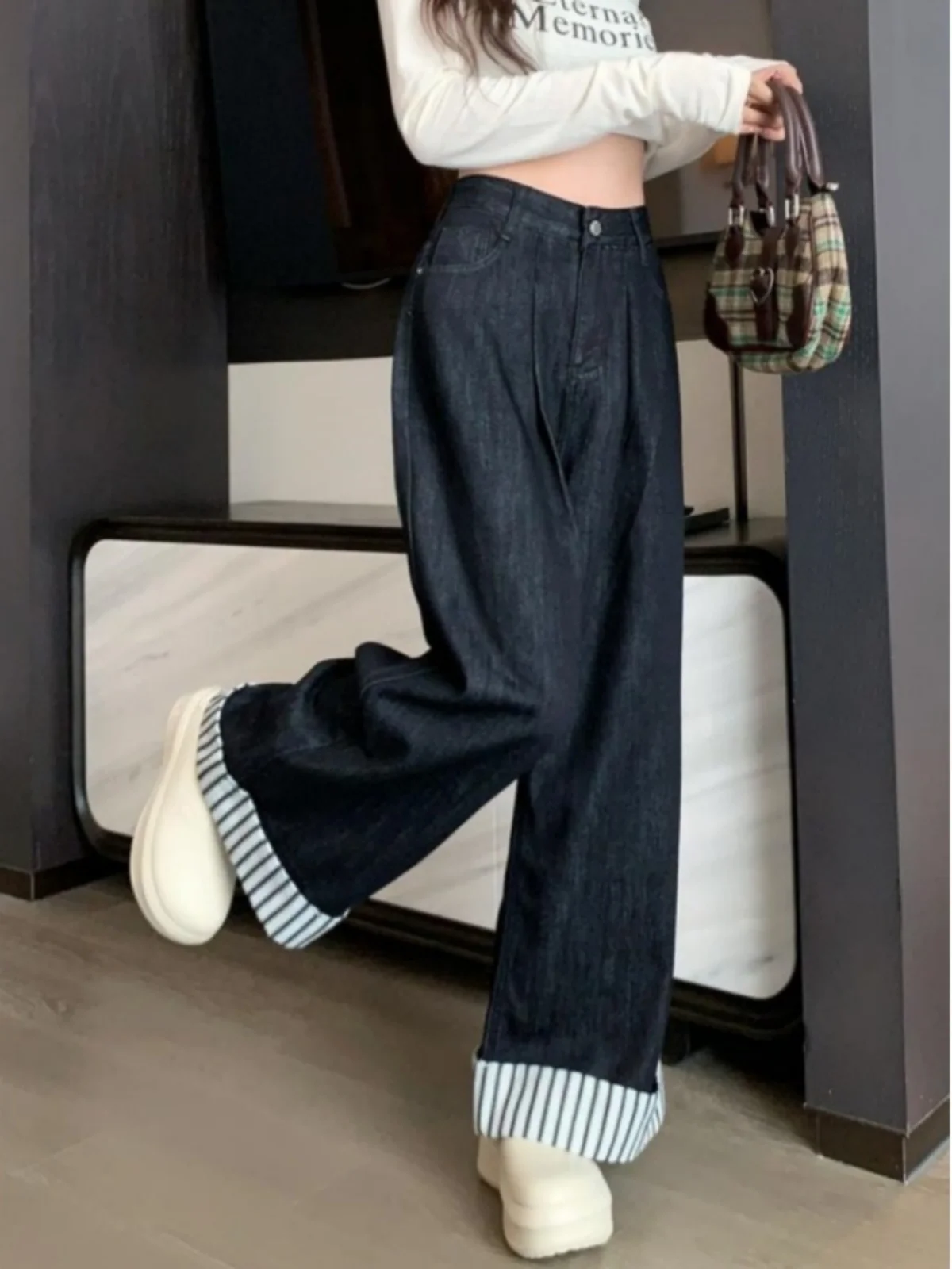 High Waist Striped Denim Jeans Women's Autumn plus Size Flared Slimming Loose Pear ape plus Size Wide Leg Pants