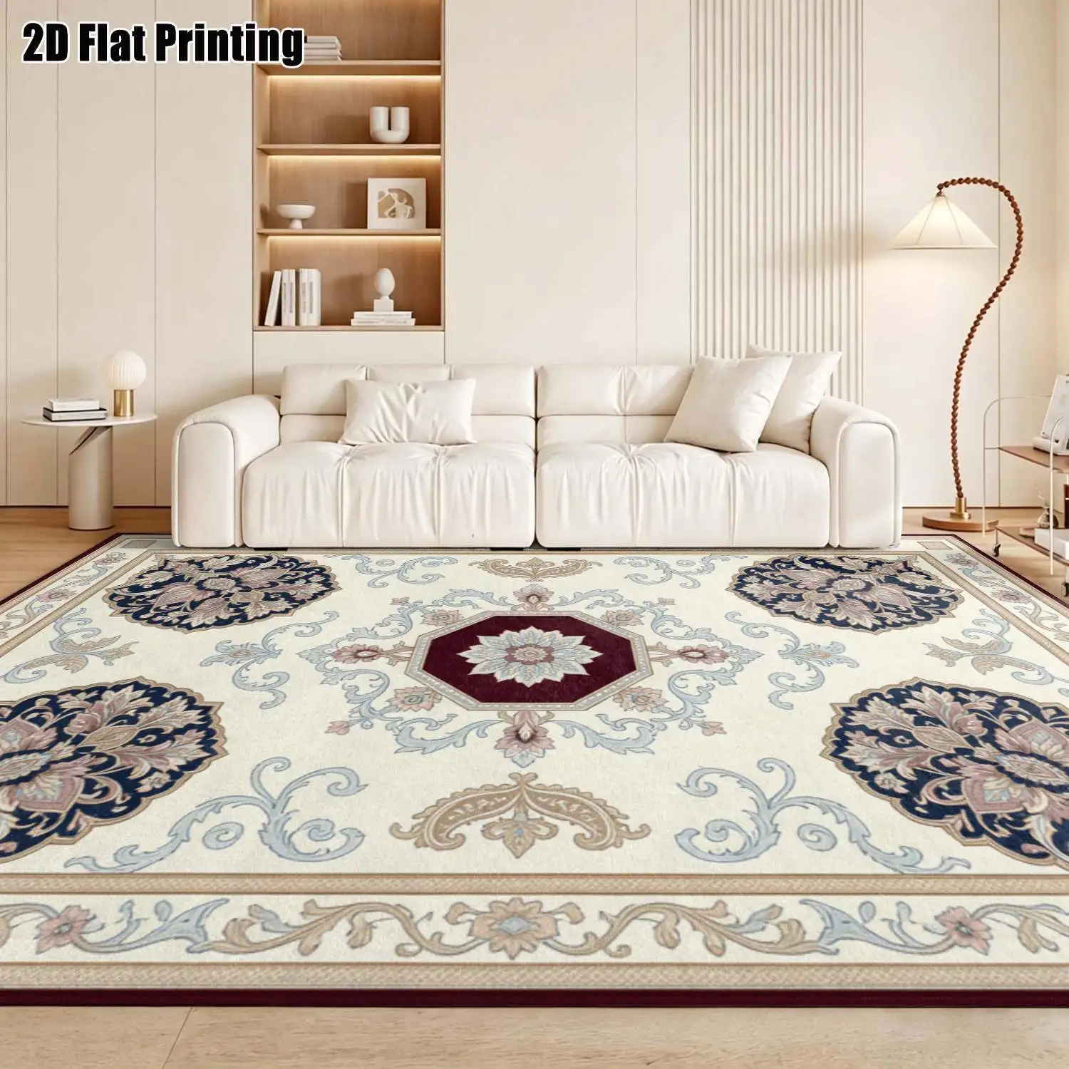 1Pc 2D Printed Beige European Scroll Flower Carpet: Retro, Luxury Home Decor Mat, Machine Washable, Multi-Size for Multi-Scene Use