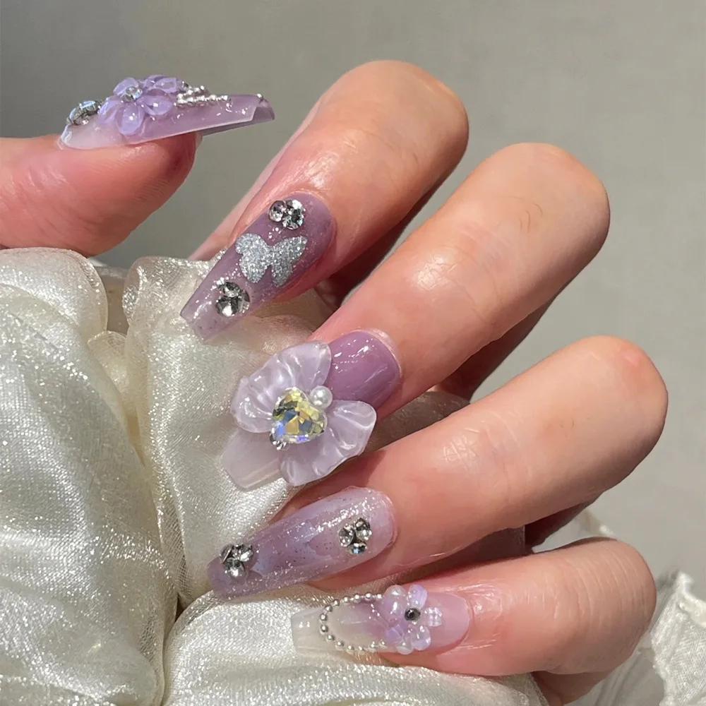 

24Pcs Mid-length Ballet Fake Nail Purple Smudge 3D Bow Flower Design Press on Nails Butterfly Rhinestone Wearable False Nail Tip