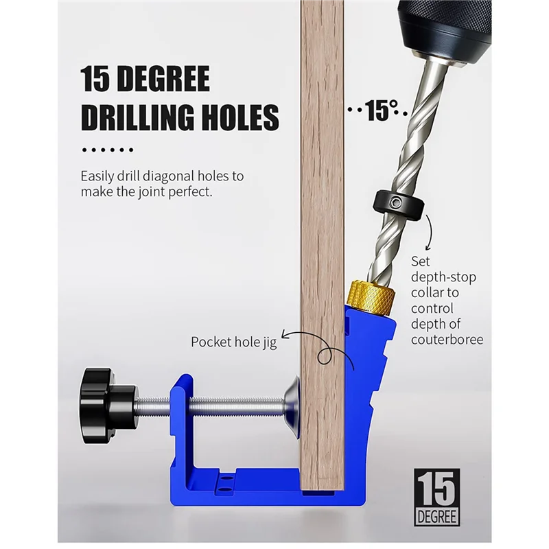 

ABBP-2X Pocket Hole Jig Kit, Pocket Hole Drill Guide Jig Set For 15° Angled Holes, For Woodworking Angle Drilling Holes A