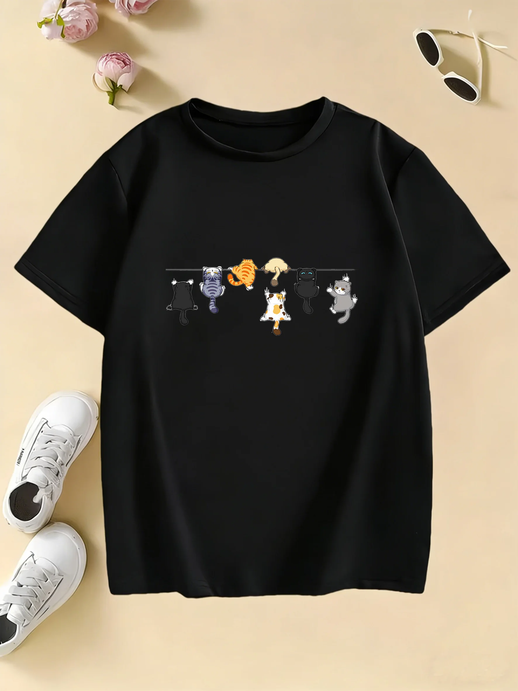 Climbing Cat Pattern Trendy Design Print T Shirts Short Sleeve Kids Children's T-shirt Boys Girls Summer Spring Casual Top Tee
