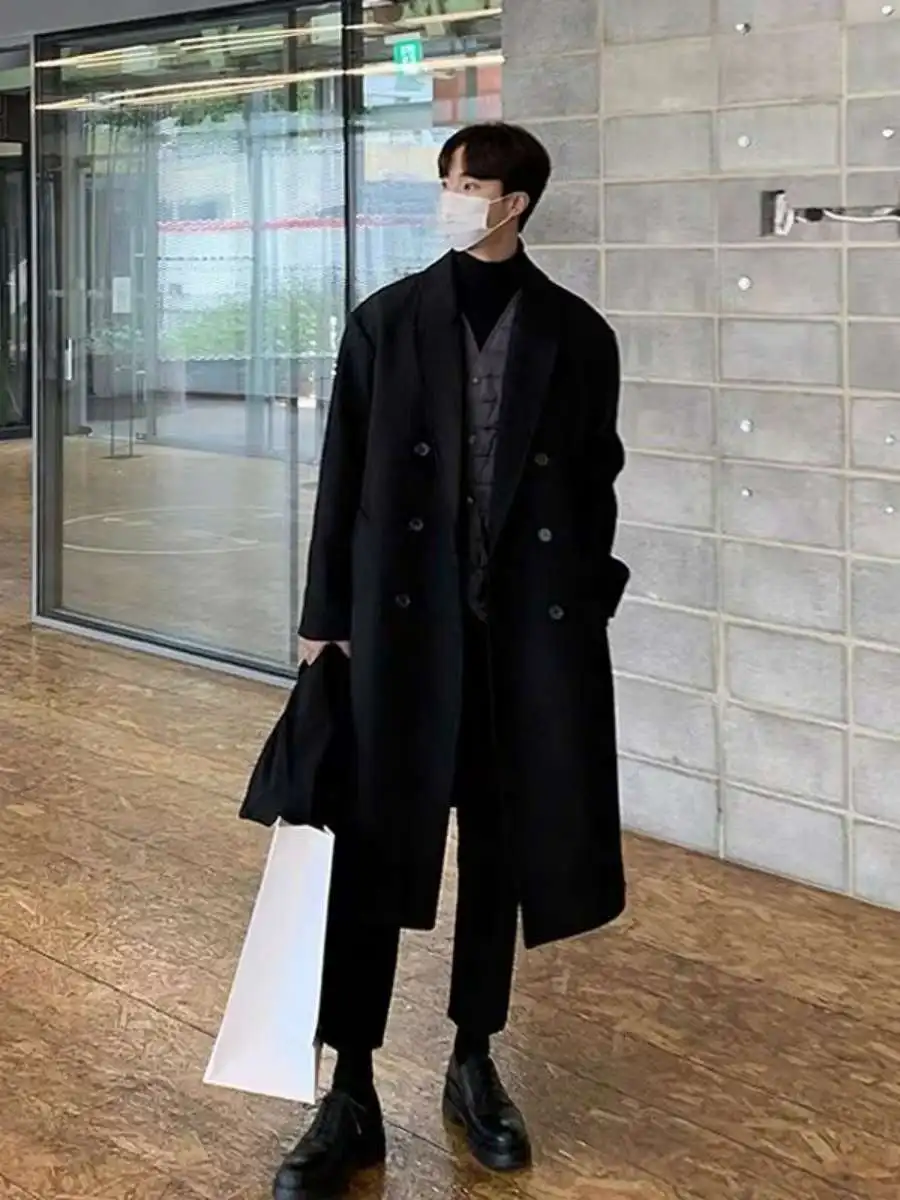 

Winter New Men's Woolen Coat Korean Sle Loose Long Double Breasted Tweed Jaet Windbreaker Large Size Youth Faion