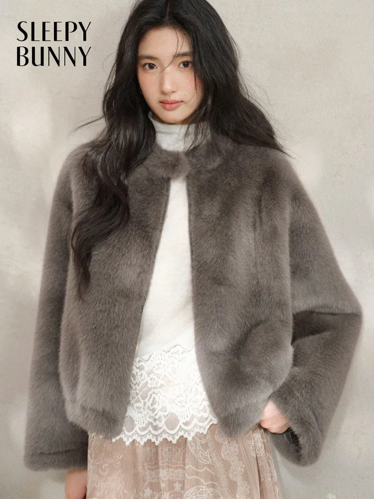 

Elegant Women Lady Coat Warm Winter Outerwear Female Jacket Clothes with Soft Round Neck Fluffy Texture for Stylish Daily Wear