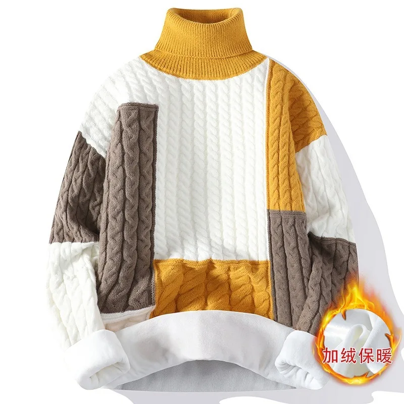 Youth Mans Knitted Sweaters Patchwork Loose Streetwear High Quality Casual Turtleneck Warm Winter Knitting Plullovers in Velvets