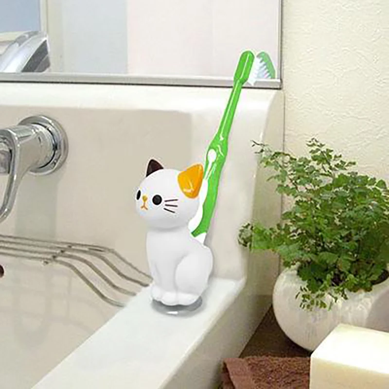 Super Cute Cat Toothbrush Holder with Suction Cup At The Bottom High Quality Plastic Japanese Creative Cartoon Toothbrush Hanger