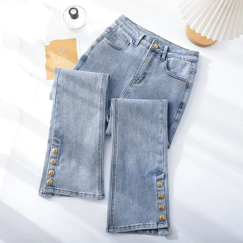 Jeans slim de cintura alta, moda casual, novo, moda primavera e outono, jeans de nove pontos, 2023