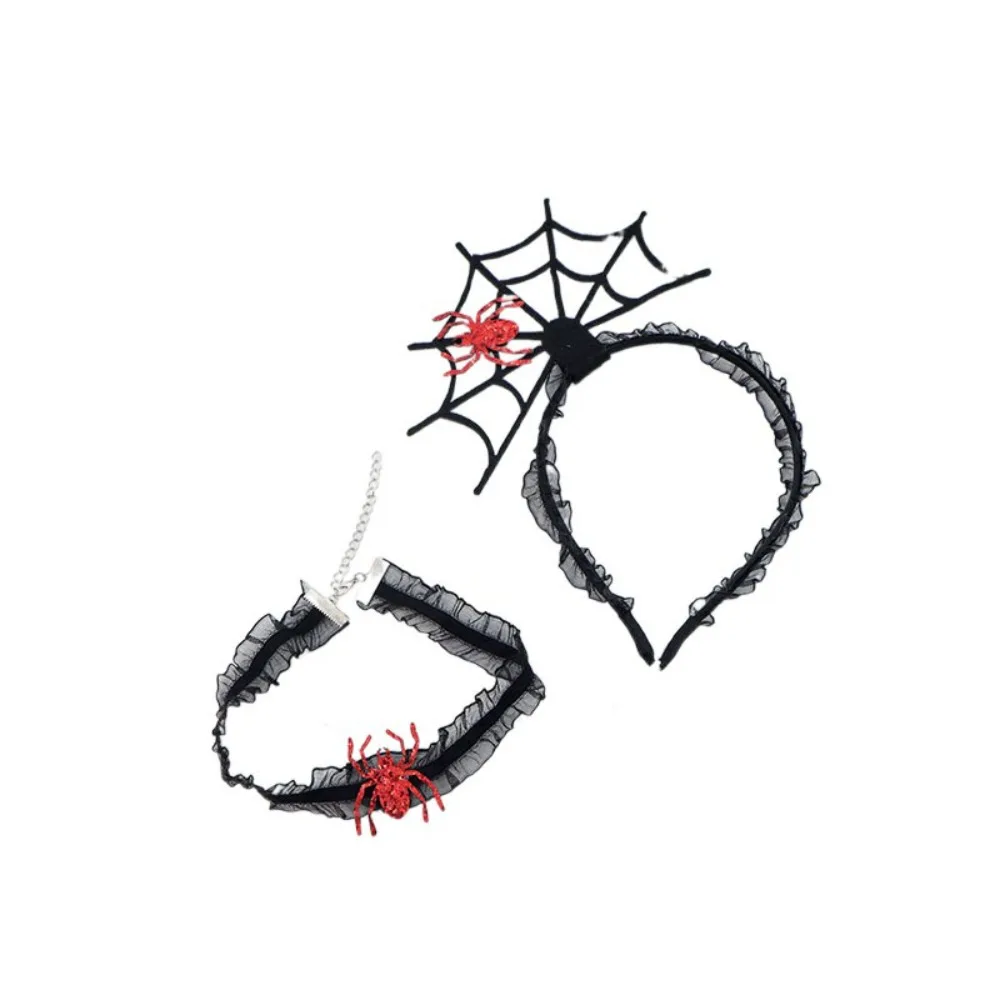 

Creative Black Halloween Headband Ruffles Hollow Hairband Necklace Set Cosplay Props Mesh Spider Web Hairband Festival