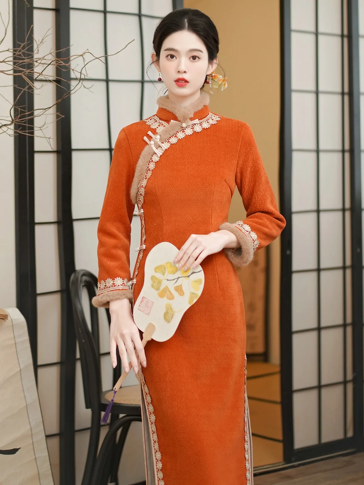 Cheongsam New Autumn and Winter Fleece-Lined Thickened Improved Young Girl's Chinese Style Super Beautiful Orange Clothing