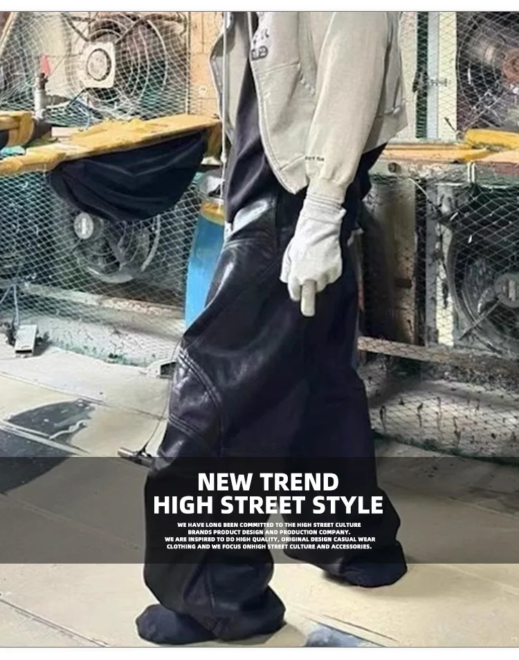 MIJKO Vintageเคลือบขี้ผึ้งสีดําขากว้างBaggy Cargoกางเกงผู้ชายStreetwear CleanfitจีบลําลองOverallsกางเกงหลวม