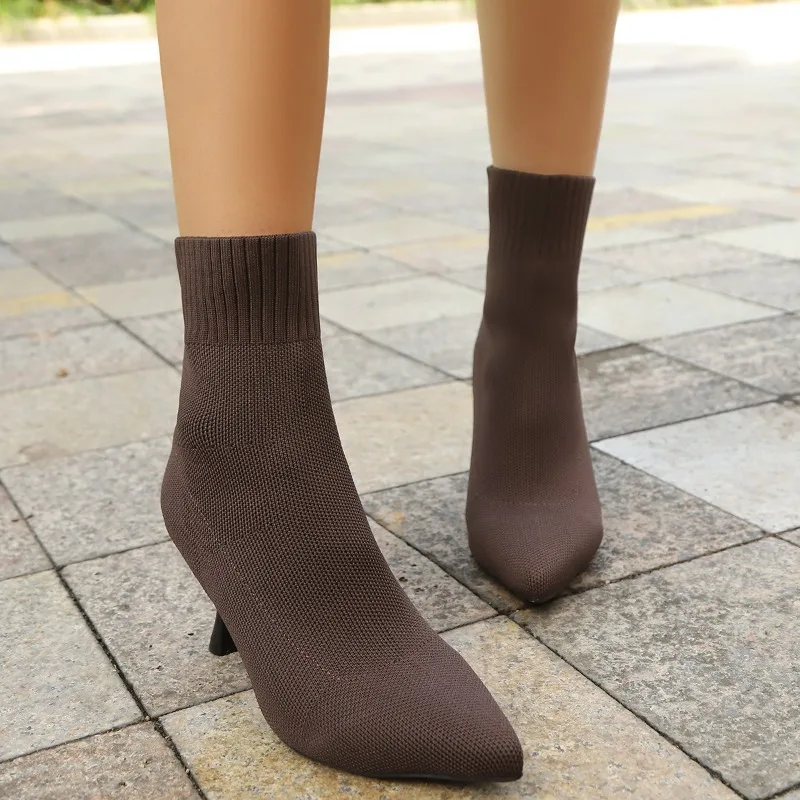 

Модные однотонные эластичные носки, женские осенние ботинки, осень 2024, пикантные ботильоны на высоком каблуке с острым носком, брендовый дизайн, короткие сапоги 36–43