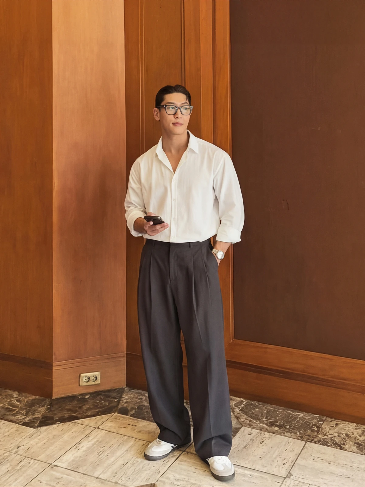 

Deep Grey Men's Straight Leg Casual Pants Double Pleat Loose Fit Versatile High Waist Wide Leg Long Trousers Spring Autumn