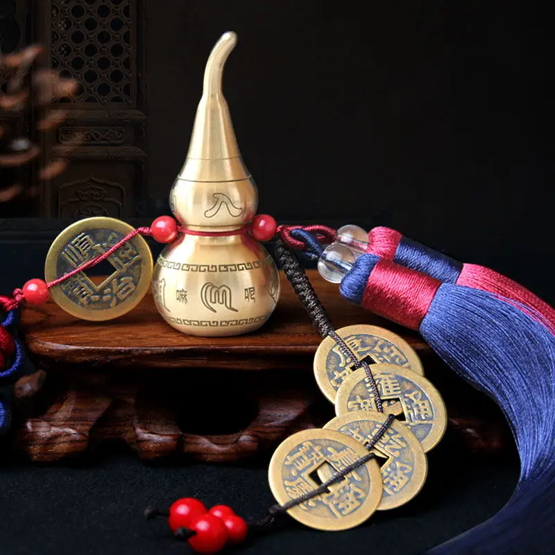 Chinese Knot Feng Shui Decorating Buddhist Six Mantras Wu Lou HuLu Copper Alloy Gourd Amulet Home Decoration Accessories Vintag