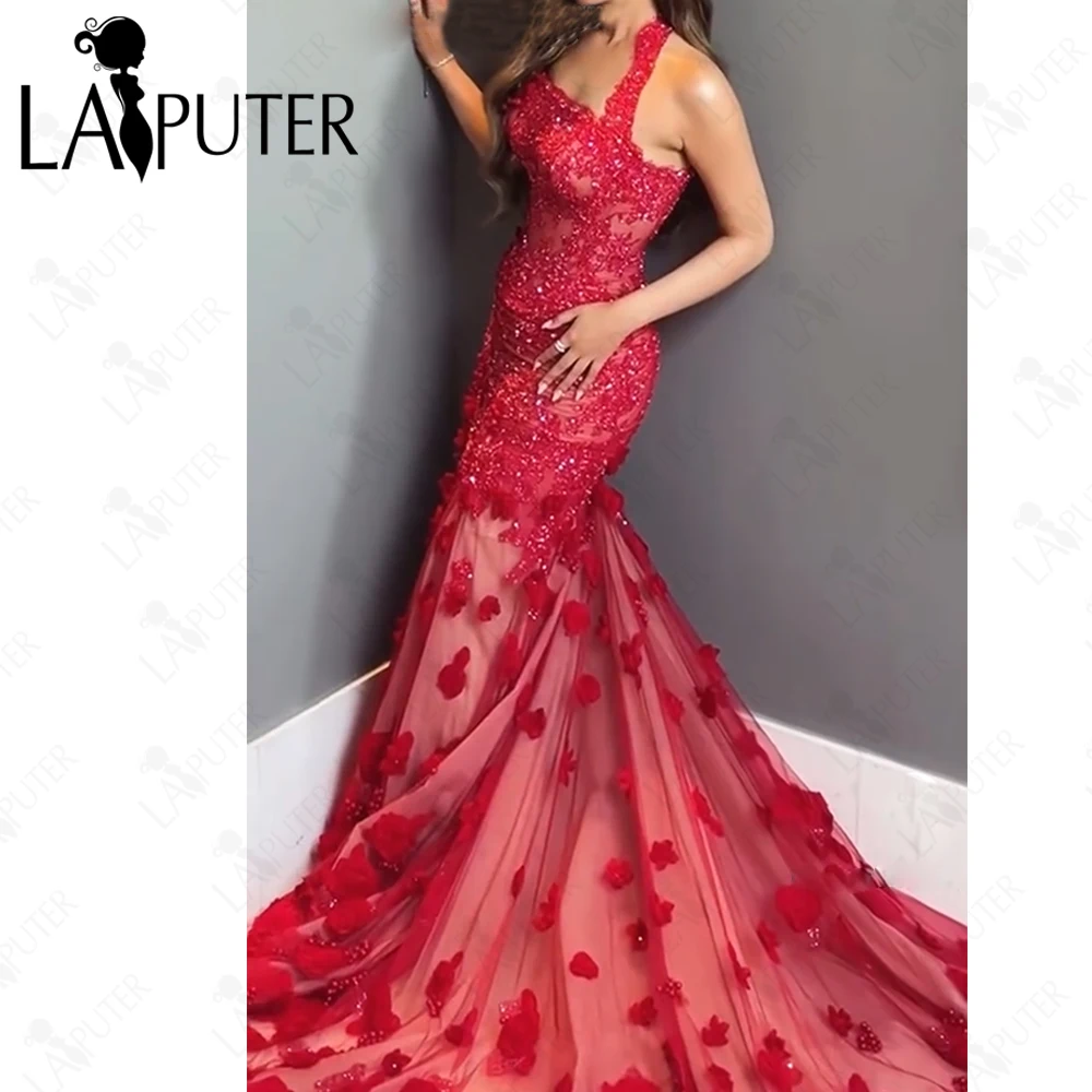 Luxury Red Wedding Dresses Mermaid Red Lace Flowers Long Prom Dress 3D Flower Tailing Halter Neck Beaded Bride Party Dress