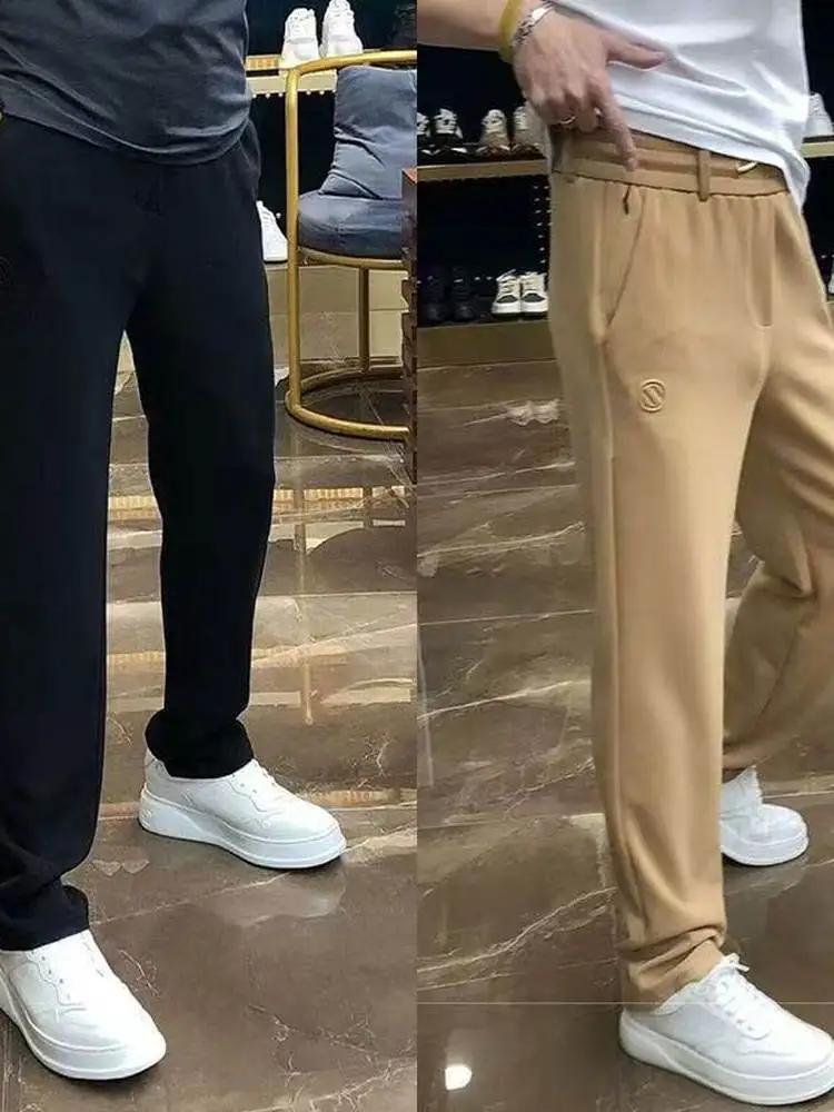 

Men's Summer Thin Casual Pants Loose Straight Leg Breathable Comfortable Youth Pure Color Elastic Waist Daily Wear Trousers