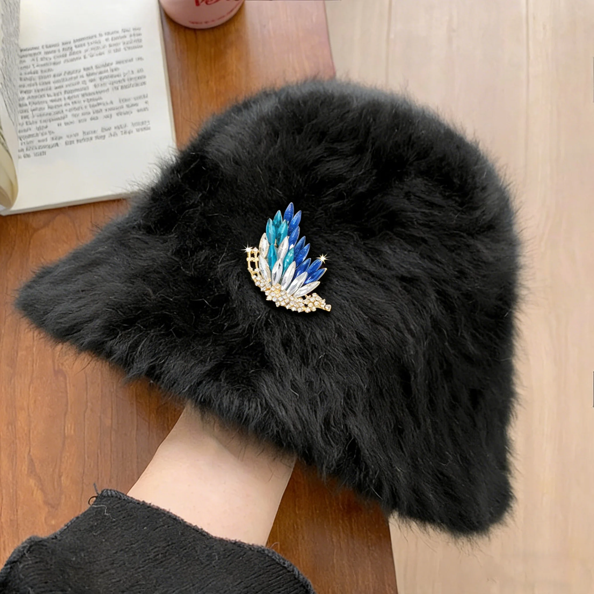 High-End Luxury Black Rabbit Fur Bucket Hat, Exquisite Crystal Flower Brooch Fisherman Cap, Premium Winter Fashion Hat