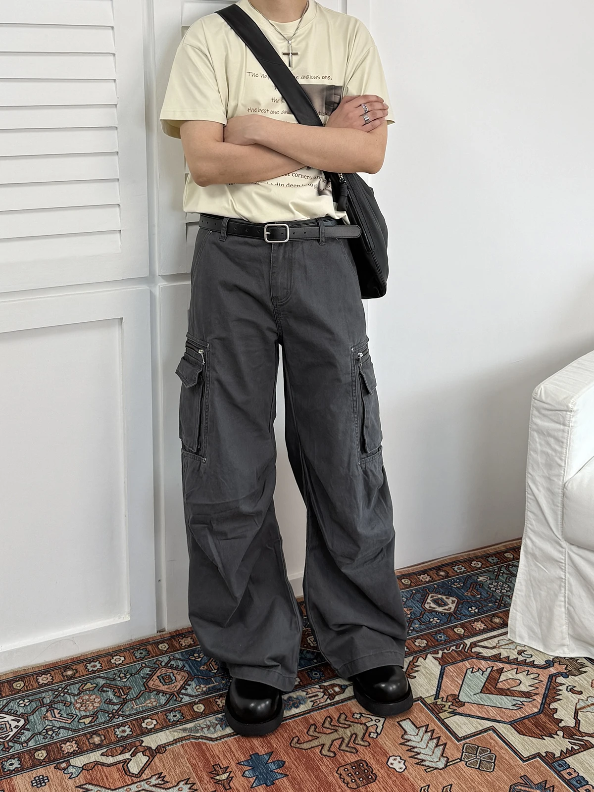 

Washed American High Street Vintage Grey Work Pants Loose Fit Men's Women's Fashion Brand Casual Trousers with Big Pockets