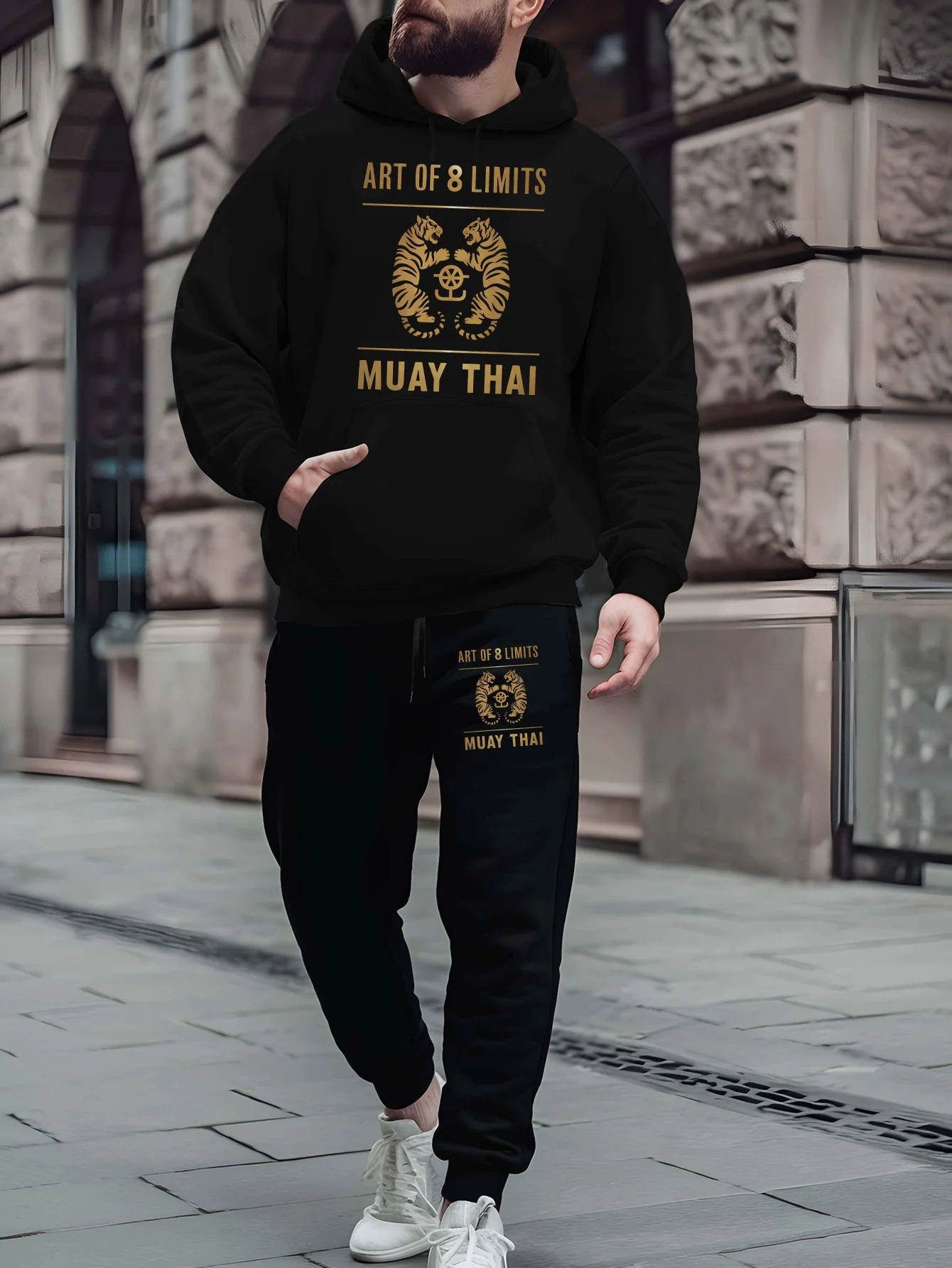 Men Muay Thai Art Of 8 Limits Tiger Print Tracksuit 2‑Piece Set Pullover Hoodie + Drawstring Jogger Pants Casual Sport Outfit