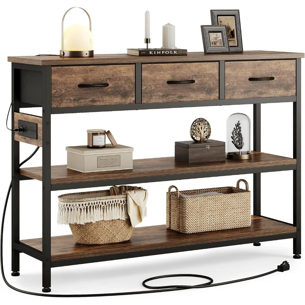 

Entryway Table with Power Outlets, Console Table with 3 Fabric Drawers, Sofa Table for Living Room, Hallway, Couch, Foyer, Heig