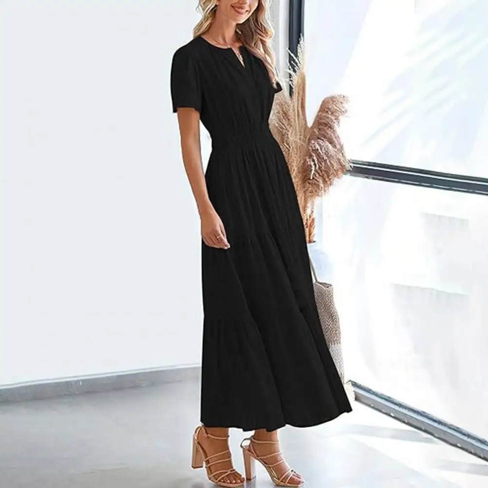 Sway Dress ชุดเดรสแม็กซี่เดรสคอวีหรูหราพร้อมเอวสม็อคฉัตร Flowy Design สําหรับผู้หญิงฤดูร้อนชุดเดรสยาวจีบสั้น