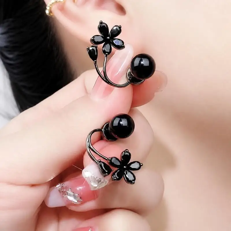 Black Floral Faux Pearl Stud Earrings, Glossy Alloy Flower Earrings for Women Daily Party