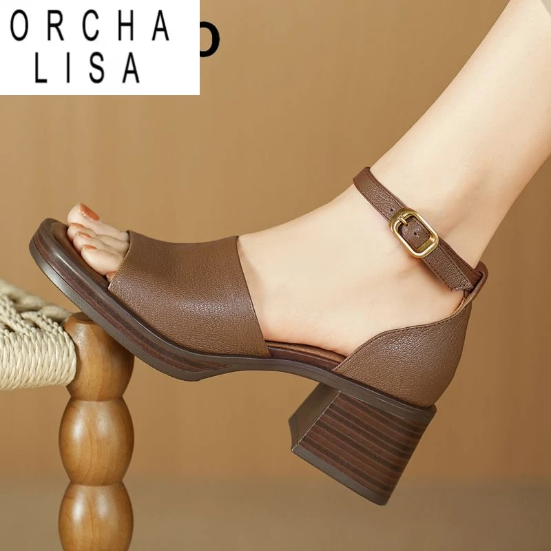 

ORCHA LISA модные женские сандалии из натуральной кожи с открытым носком на блочном каблуке 6 см на платформе с пряжкой и ремешком из овчины, мягкая новая обувь для свиданий