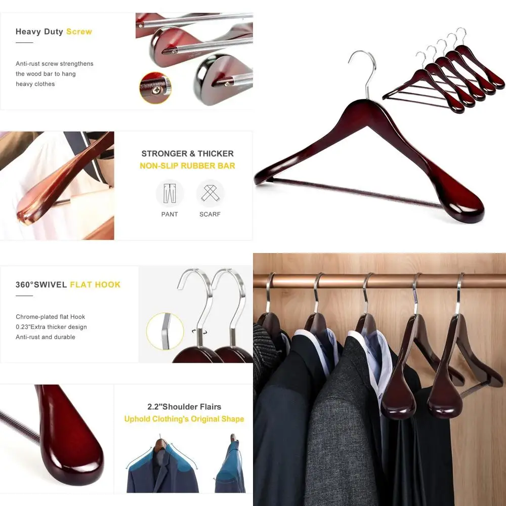 

6-Pack Deluxe Wooden Suit Hangers with Glossy Finish, Wide Shoulders, Thick Chrome Hooks, and Anti-Slip Bars