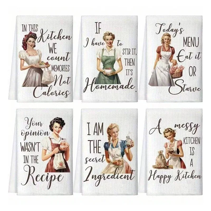 6Pcs, Vintage Housewife Kitchen Towels, 40Cm*60Cm Towel Set, Best Kitchen Towels, Super Absorbent Soft Cleaning Cloth, Cooking and Baking Tea Towels, Hand Towels, Cleaning Cloths, Dishcloths, Kitchen Decor, Living Room Decorations, Kitchen Essentials, Home Essentials