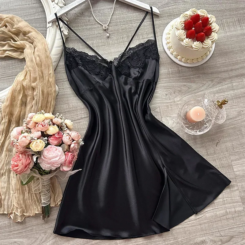 Fashion Solid Color Lace Collar Nightgown for Women Luxury Summer Sexy Suspenders Skirt Silk-like Thin Dress Home Wear Sleepwear