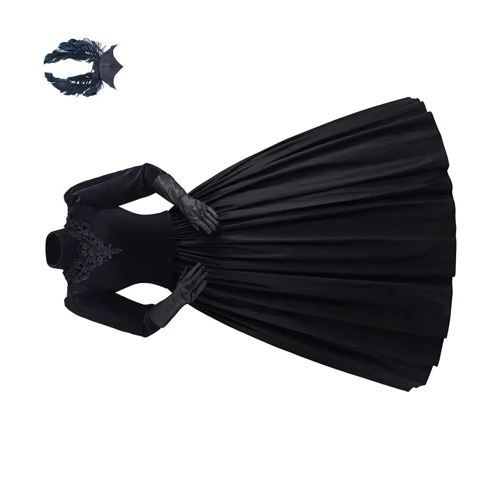 

Movie Cosplay Queen Costume Women's Black Dress with Headgear Halloween Carnival Party Witch Disguise Ball Gown